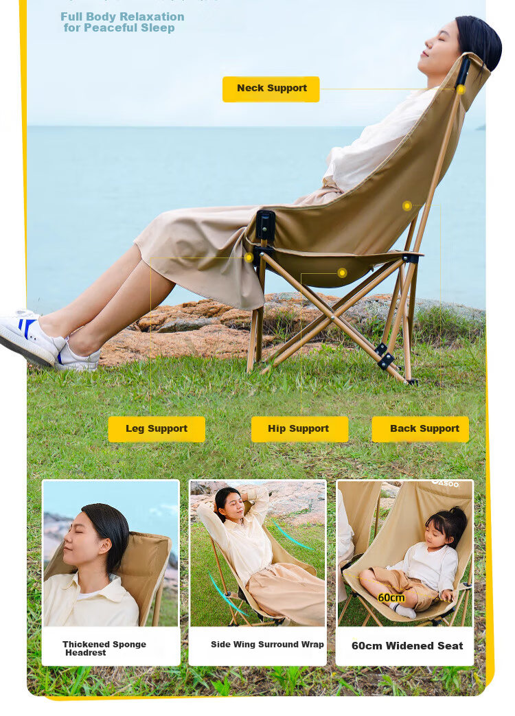 Gosoo Outdoor Folding Chair High Back Moon Chair Camping Chair with Backrest Portable Nap Folding Recliner Beach Chair 8