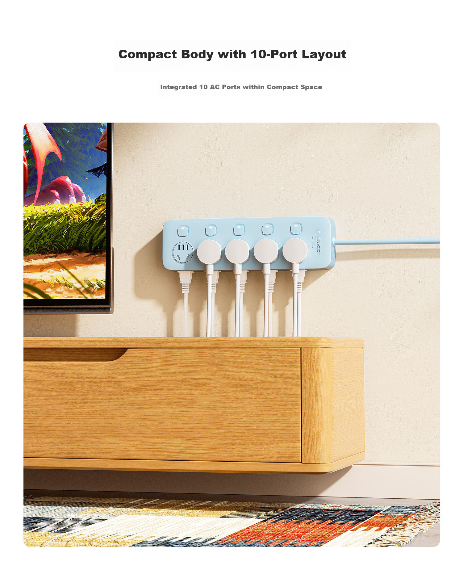 ORICO New National Standard Split Control Power Strip 10 Outlets with Switch, 2m Blue Cable, for Computer Desk Lamp Bedroom Bedside Use 4