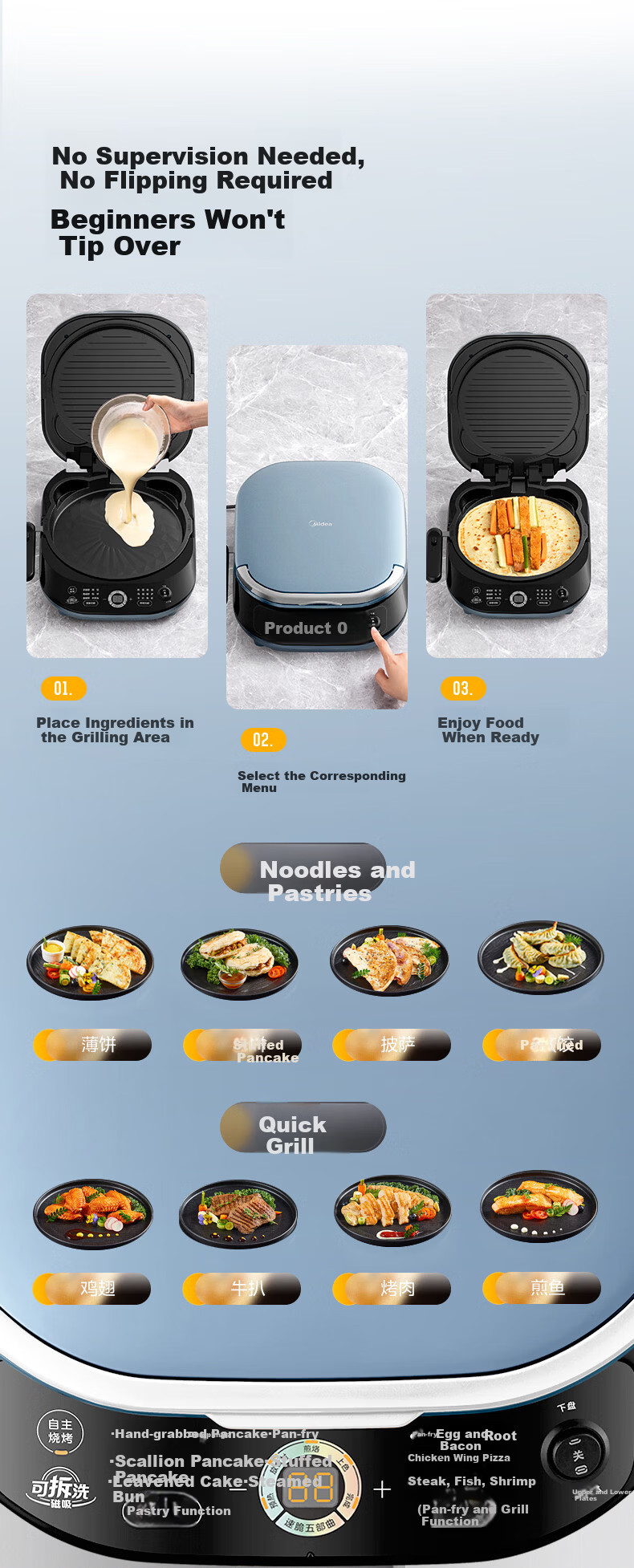 Midea Electric Griddle JKC3077Ti Detachable Upper and Lower Plates Smart Home Use 0-Fluorine Titanium Ceramic Double-Sided Heating Sandwich Breakfast Maker Pancake Grill Pan 7
