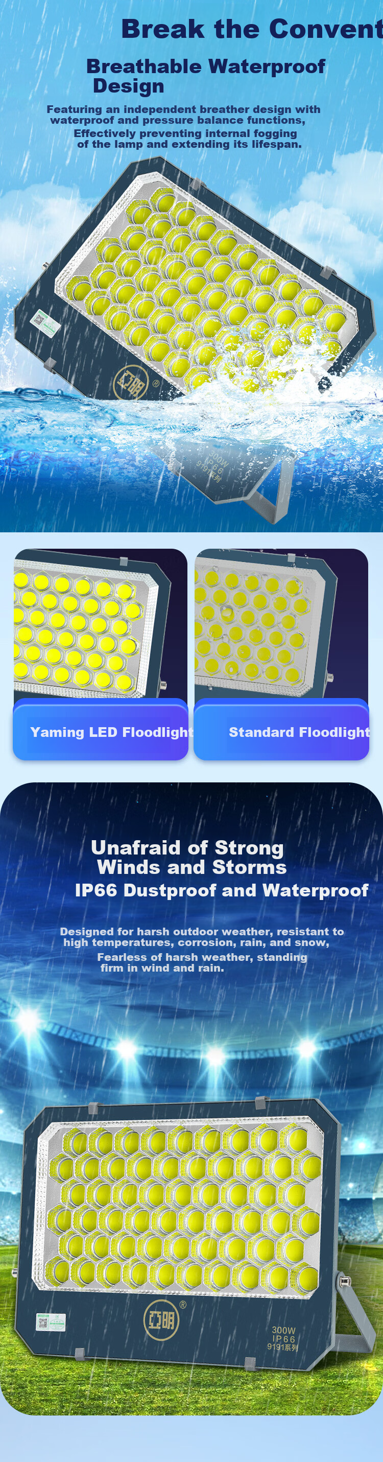 Yaming 9191 LED Floodlight Outdoor Waterproof Worksite Spotlight Factory Workshop Lighting Stadium Light White 300W 5