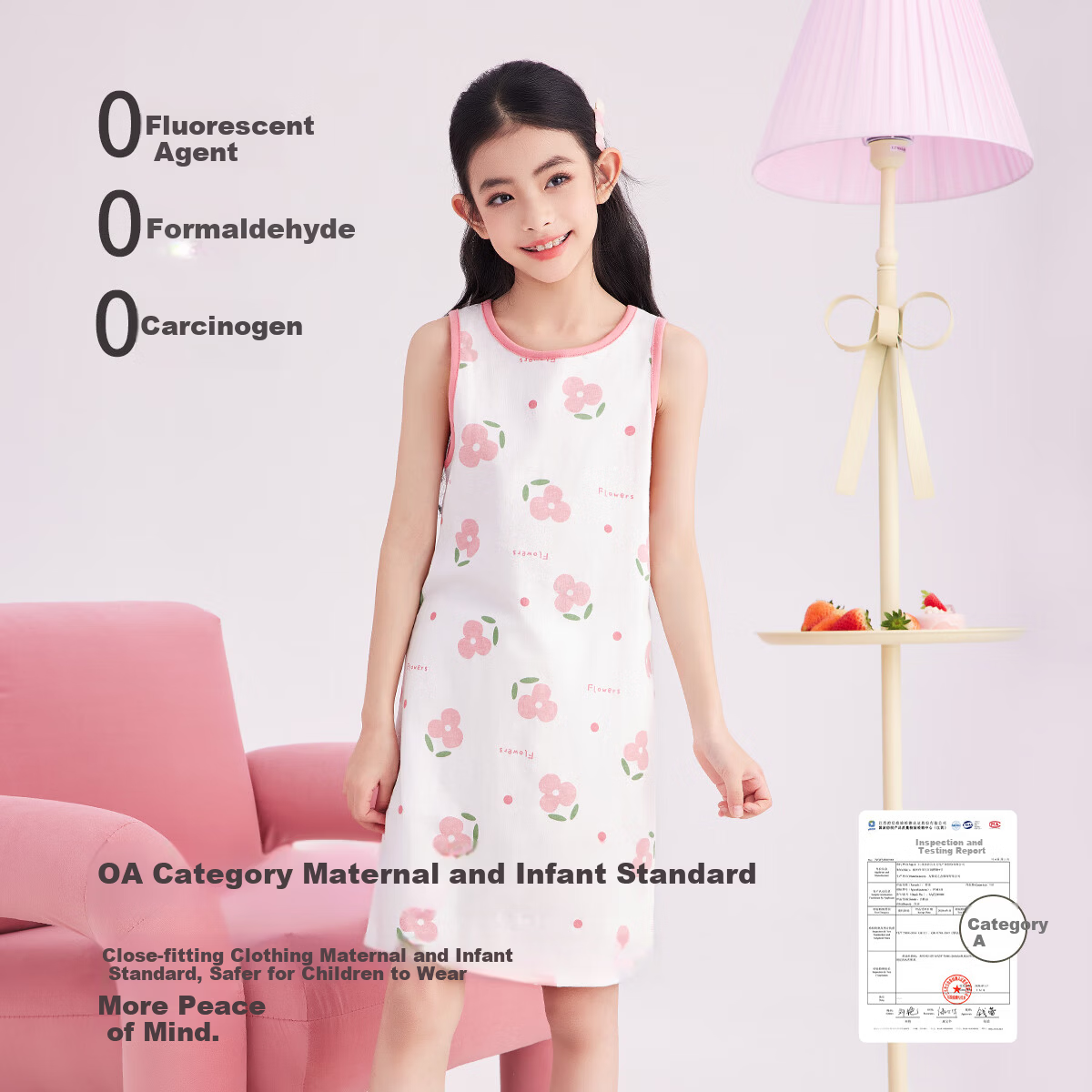 DEESHA 7A Antibacterial Soft Cotton Girls' Lightweight Breathable Nightdress Spring Summer Home Dress White Base Pink Flowers