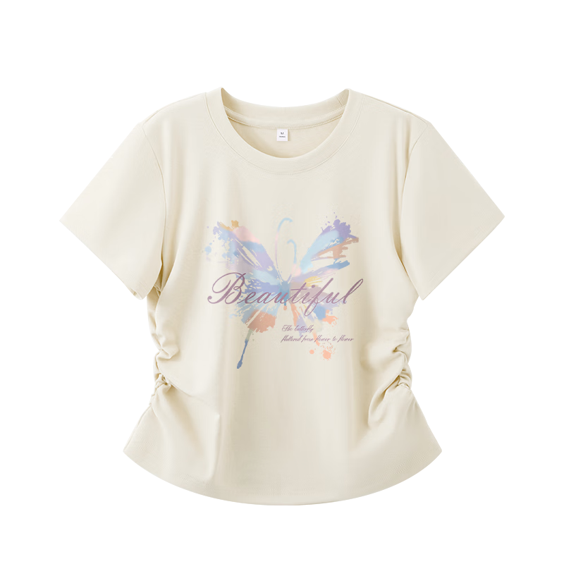 La Chapelle Beige Short Sleeve T-Shirt Women 2026 New Summer Slim Fit Wrinkle Design Cropped Top Tee