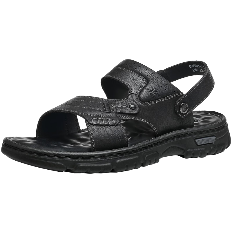 CAMEL Two-Way Breathable Cowhide Leather Dad Casual Business Sandals for Men, Outdoor Wear, G16M211022, Black, Size 39