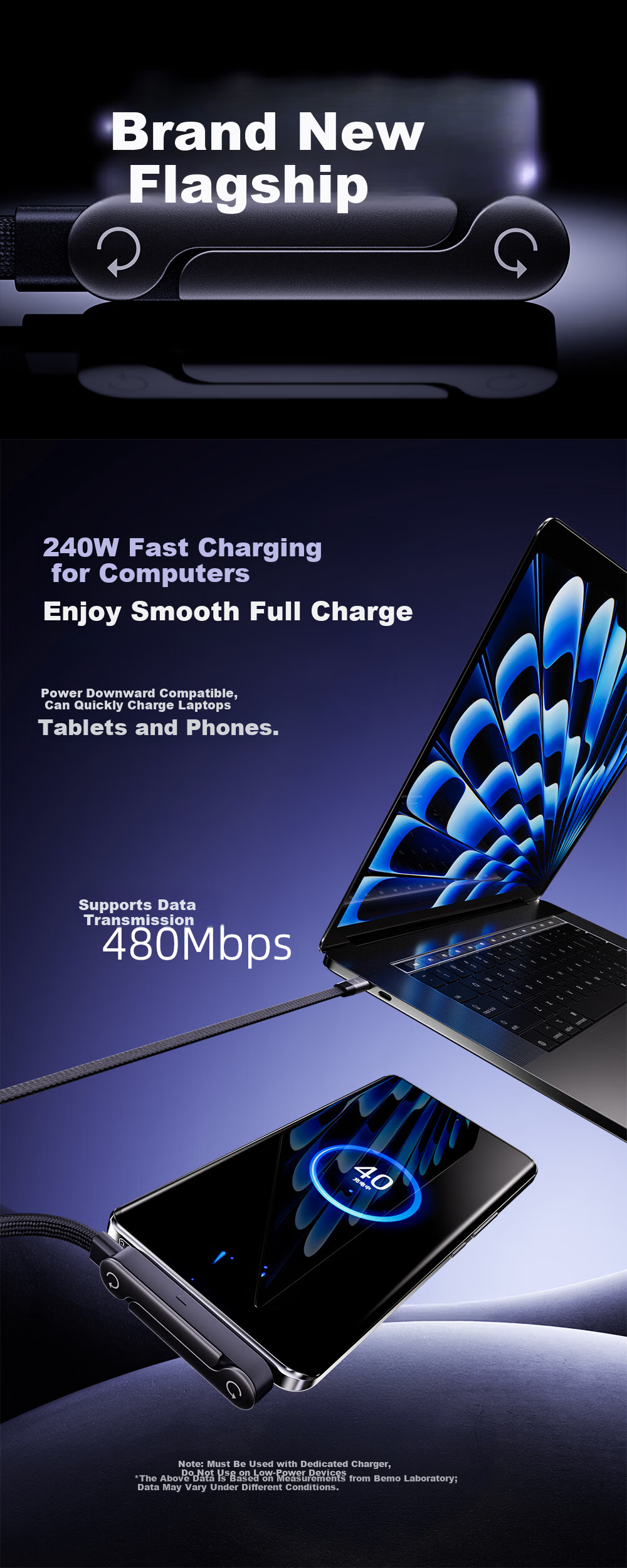 Beimo Mobile Phone Stand Data Cable with Foldable 240W Super Fast Charging Type-C Gaming Charging Cable Compatible with iPhone 15-17 Series Huawei Xiaomi VIVO Phones 5