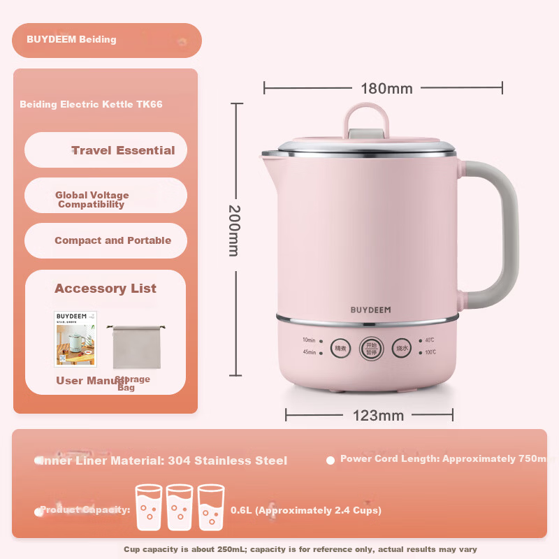 Buydeem Multifunctional Portable Electric Kettle Stainless Steel Temperature Control Small Capacity Office Kettle TK66 Mini Travel Kettle Piggy Pink