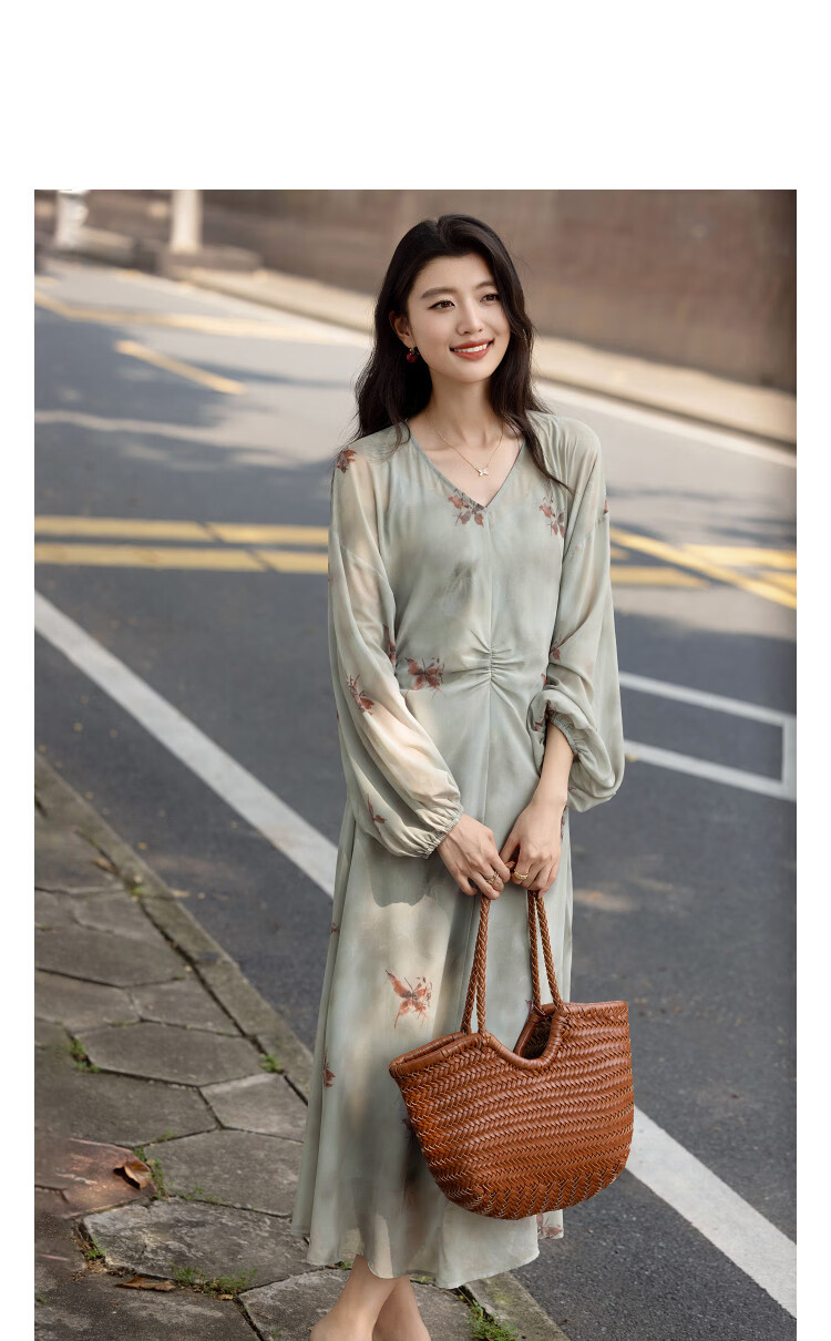 Demana Elegant Chiffon Fairy Spring Lightweight V-Neck Dress with Camisole, Printed Belt, Extended Length, Slim Fit Women's Dress 11