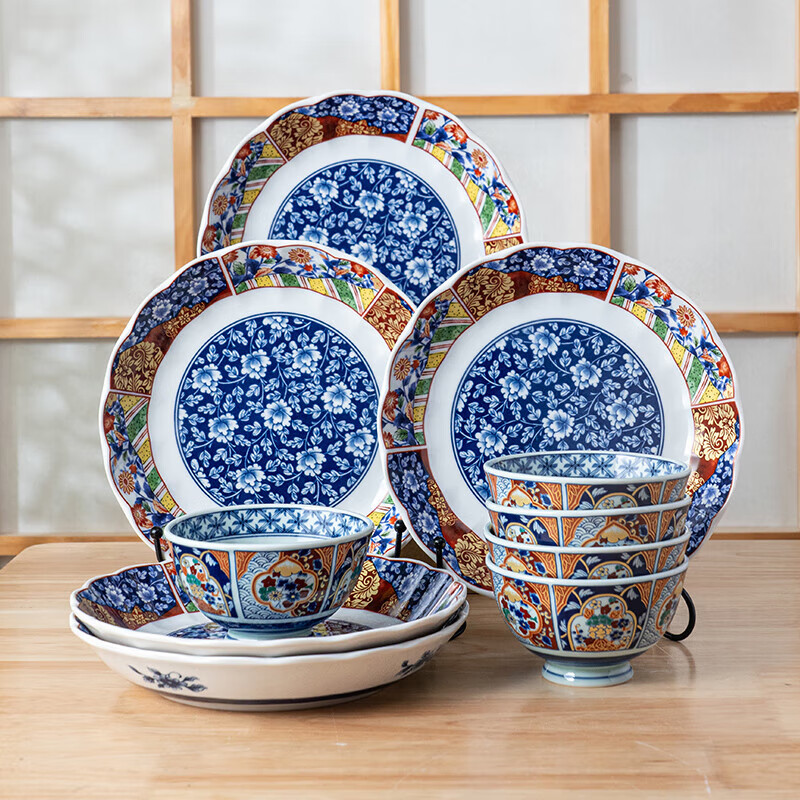 Mino Yaki Japanese Imported Tableware Set, Palace-Style Bowl And Plate Dinnerware Set, 10-Piece Combinatio