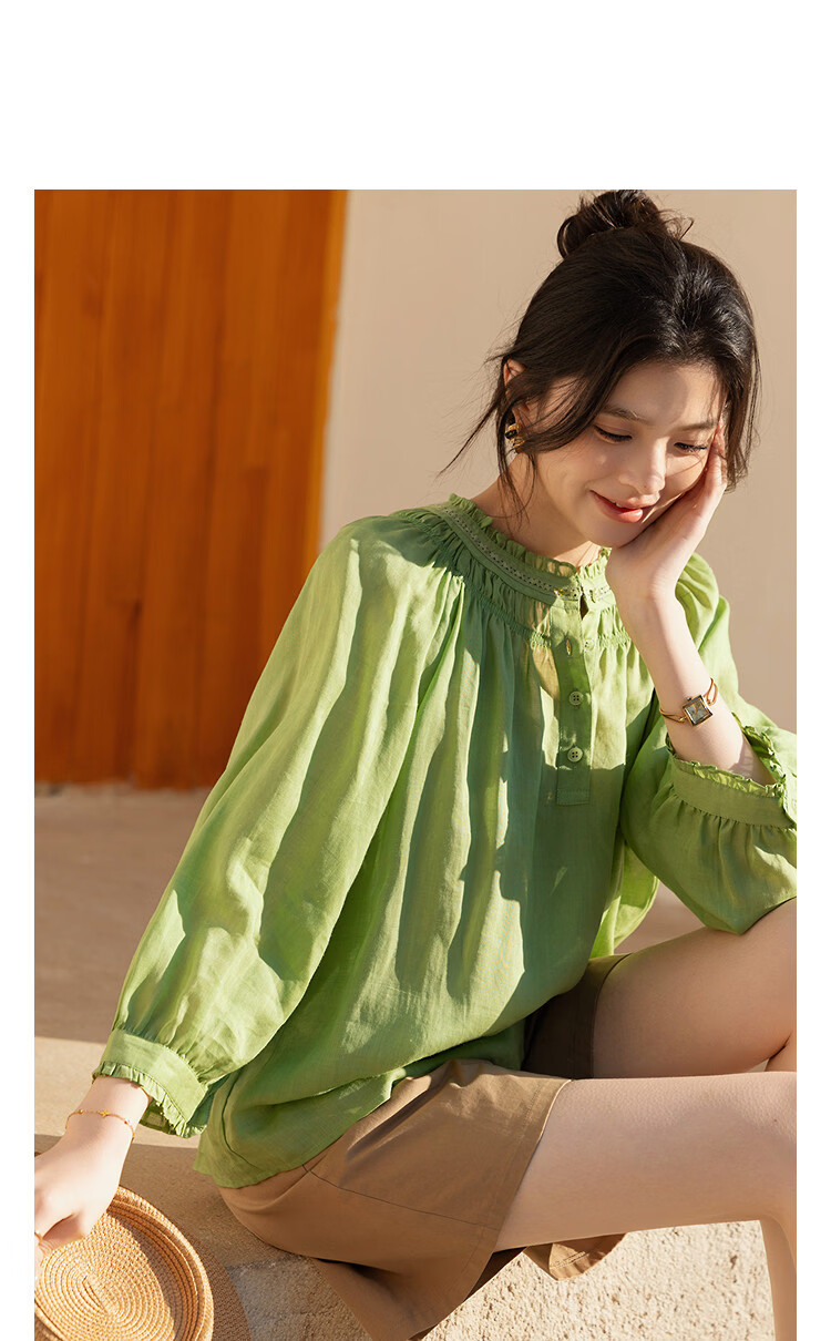 Demana [Ramie Lyocell Blend] Spring Ladies Small Ruffled Round Neck Rubber Shirred Petite Women's Shirt 11
