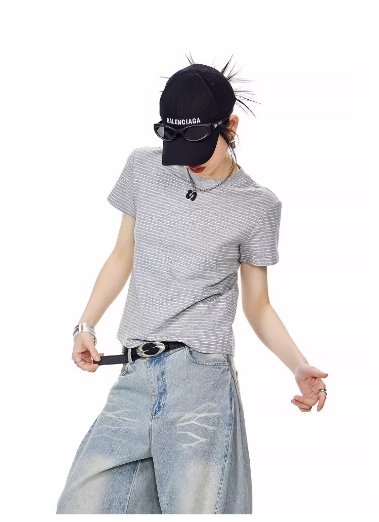 ICH MODE American Style Striped Slim Fit Short Sleeve T-Shirt for Women 2026 Summer New Hot Slim Shoulder Short Top White S 9