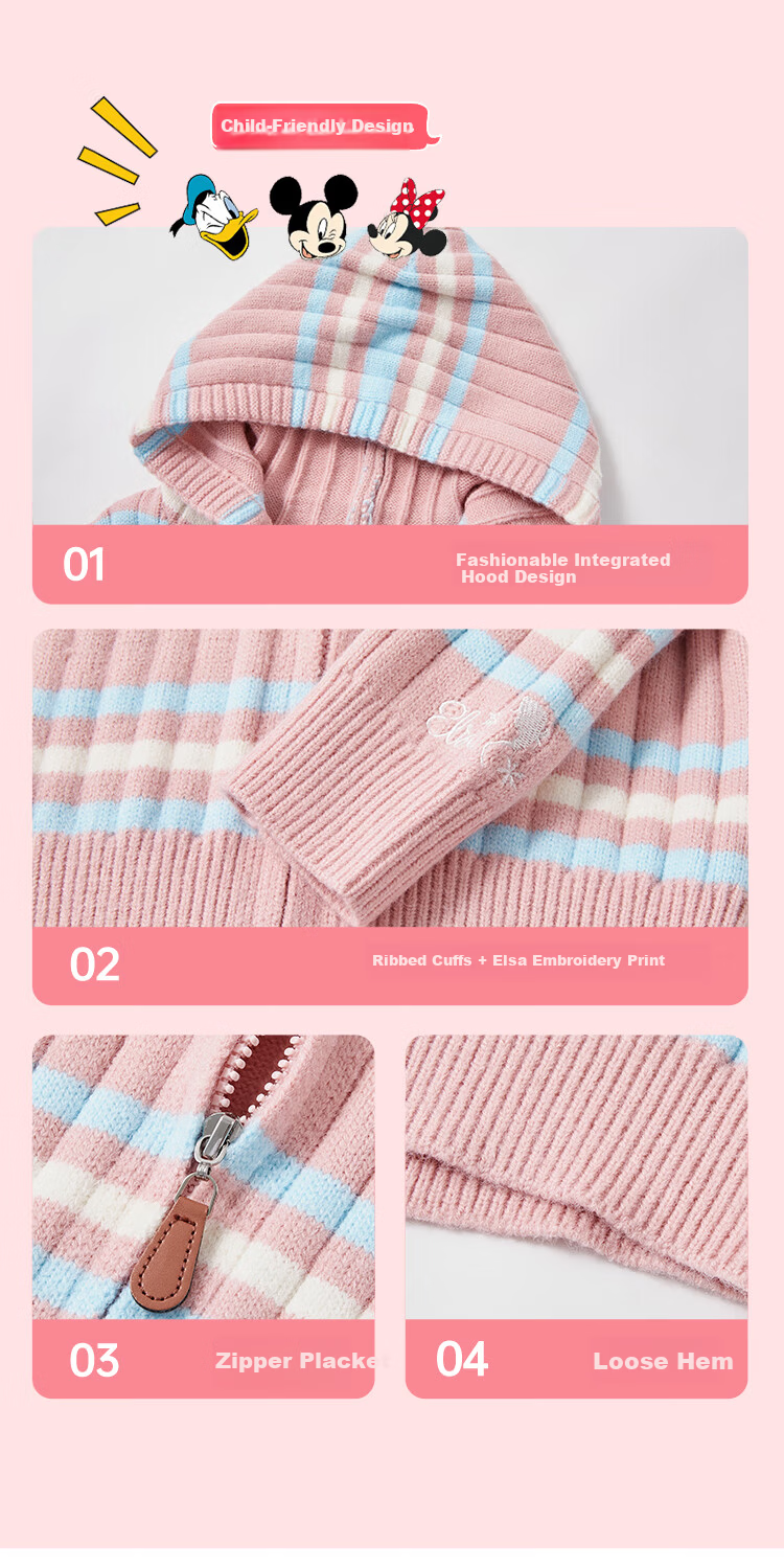 Disney Striped Hooded Knit Cardigan 2026 New Stylish Zip-up Sweater Jacket Pink 110 1