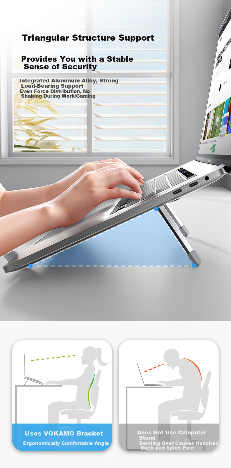 VOKAMO Laptop Stand for Lenovo Huawei Apple, Aluminum Alloy Desktop Riser, Foldable Portable Cooling Holder 3