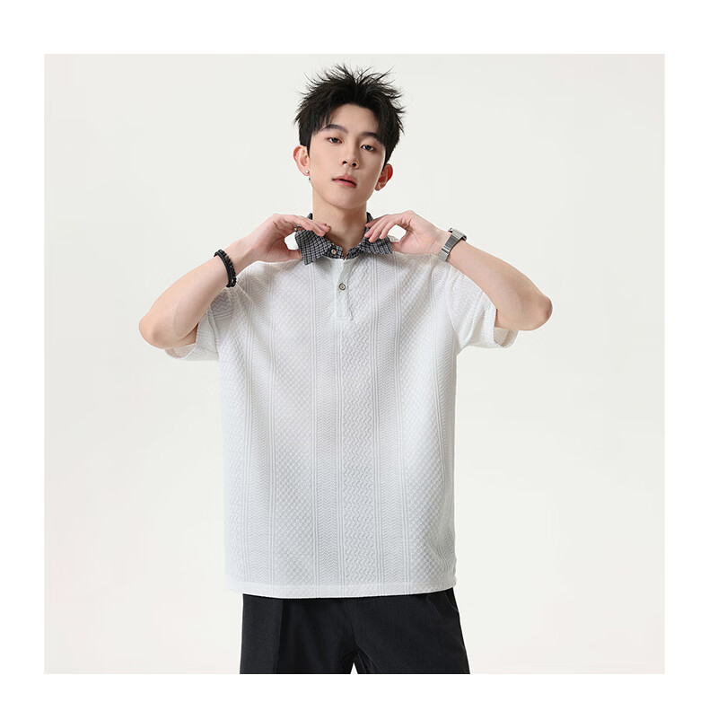 MMOPTOP Vintage Two-in-One Short Sleeve Plaid Jacquard Polo Shirt Men Summer Loose Fit Collared T-Shirt MP21 Black 3XL 10