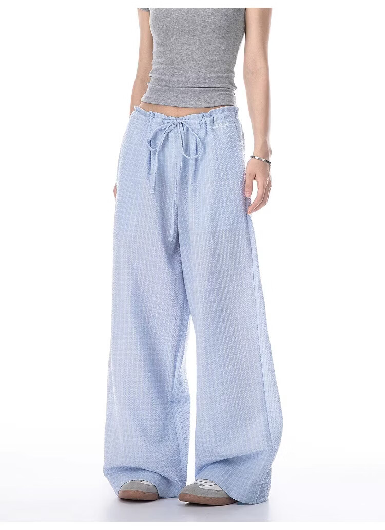 ICH MODE Women's American Style Plaid Summer Loose Wide-Leg Straight-Leg Sports Casual Pants Black XL 8