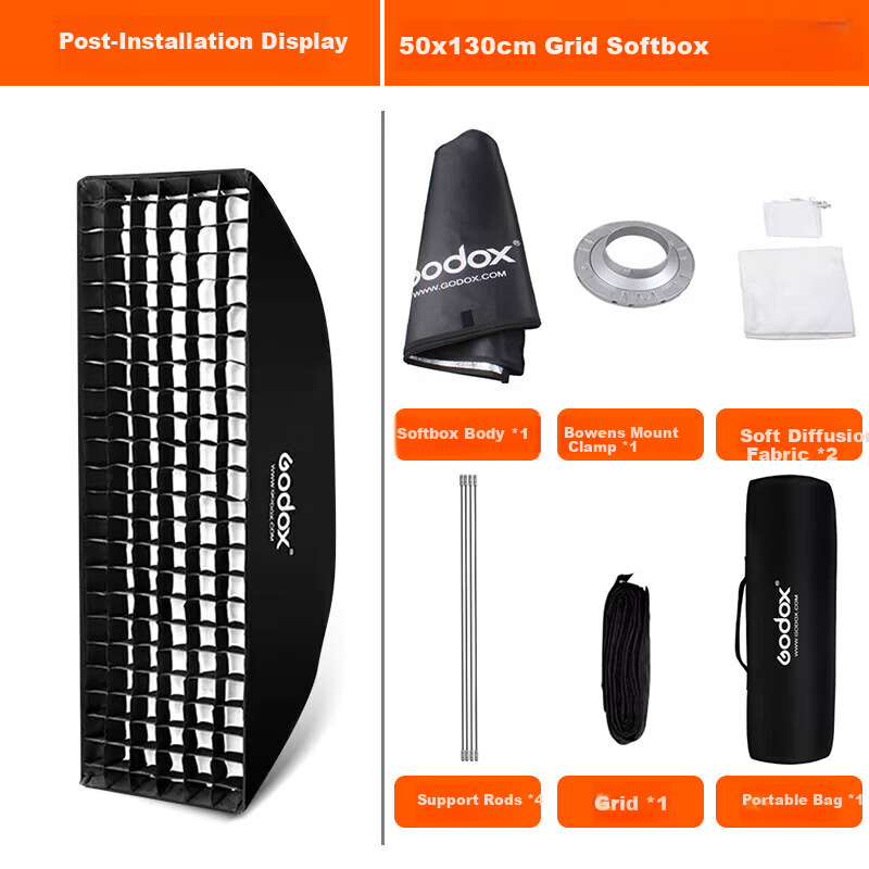 Godox 50x130CM Rectangular Grid Softbox with Bowens Mount Studio Flash Lighting Accessories Detachable Grid Softbox [Official Standard]