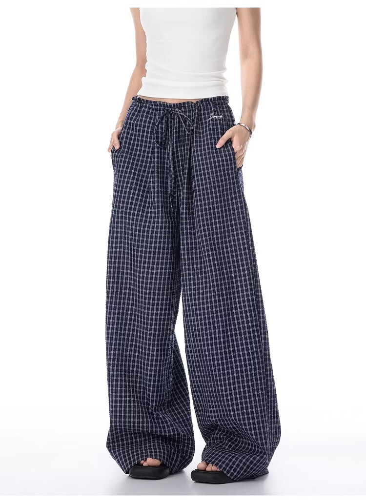 ICH MODE Women's American Style Plaid Summer Loose Wide-Leg Straight-Leg Sports Casual Pants Black XL 16