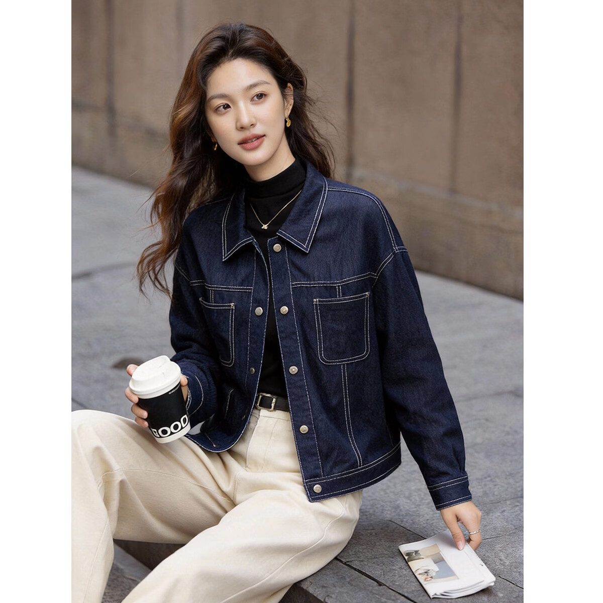 Demana [Denim Narrative] Spring Snap Button Lapel Studded Pocket Color-Blocked Stitching Loose Petite Women's Jacket