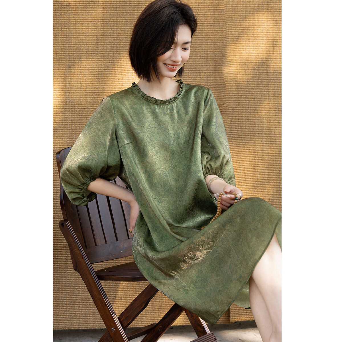 Demana "Smoke Envelops Cold Water" Spring National Style New Chinese Silk Jacquard Slim Fit Short Sleeve Dress for Women High-End Feel