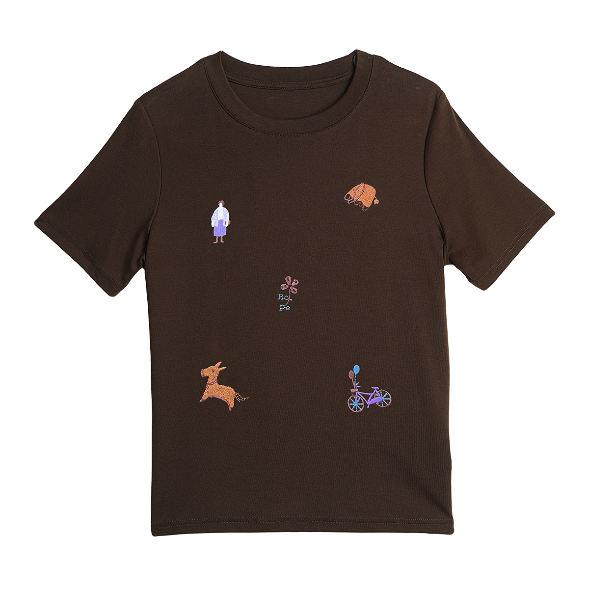 Olrain Classic Embroidered Crew Neck Short Sleeve T-Shirt Women Summer New Commuter Casual Top Brown L
