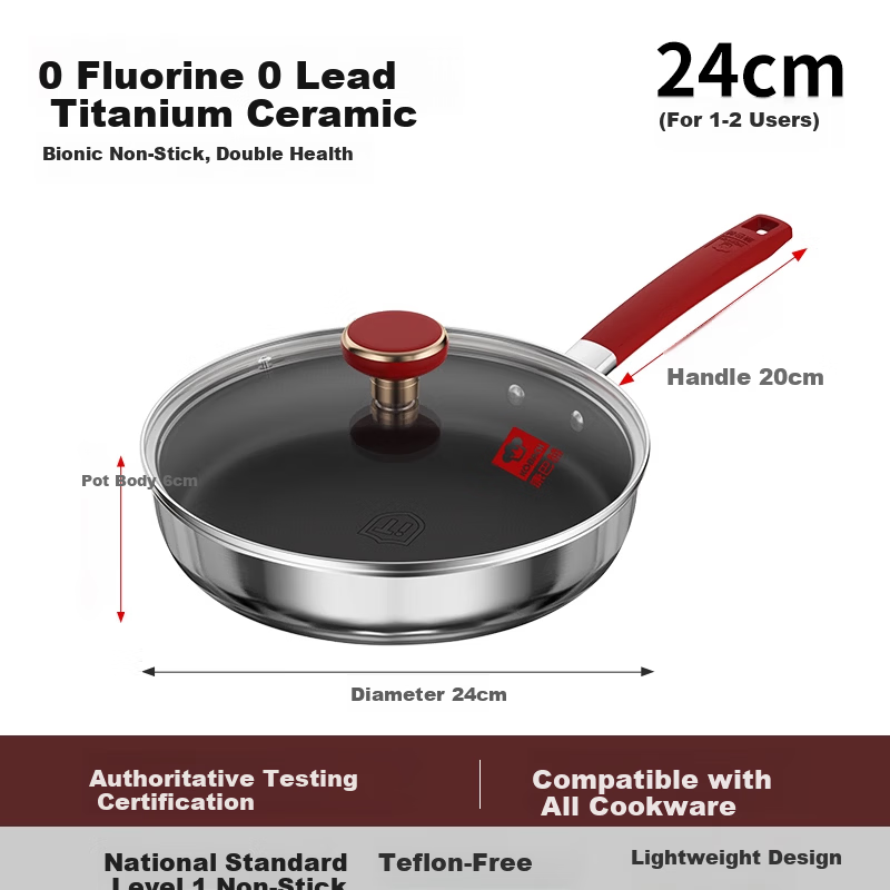 KBH Titanium Bionic Non-Stick Frying Pan Stainless Steel Steak and Egg Skillet 24cm Compatible with Induction Cooker