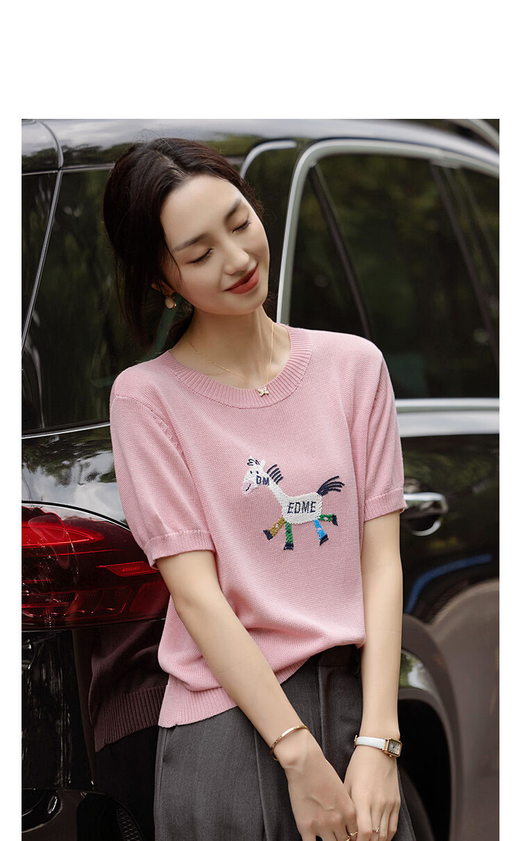 Demana Linen Lyocell Blend Spring Cute Colorblock Embroidered Slimming Short Sleeve Knit Sweater for Women 11