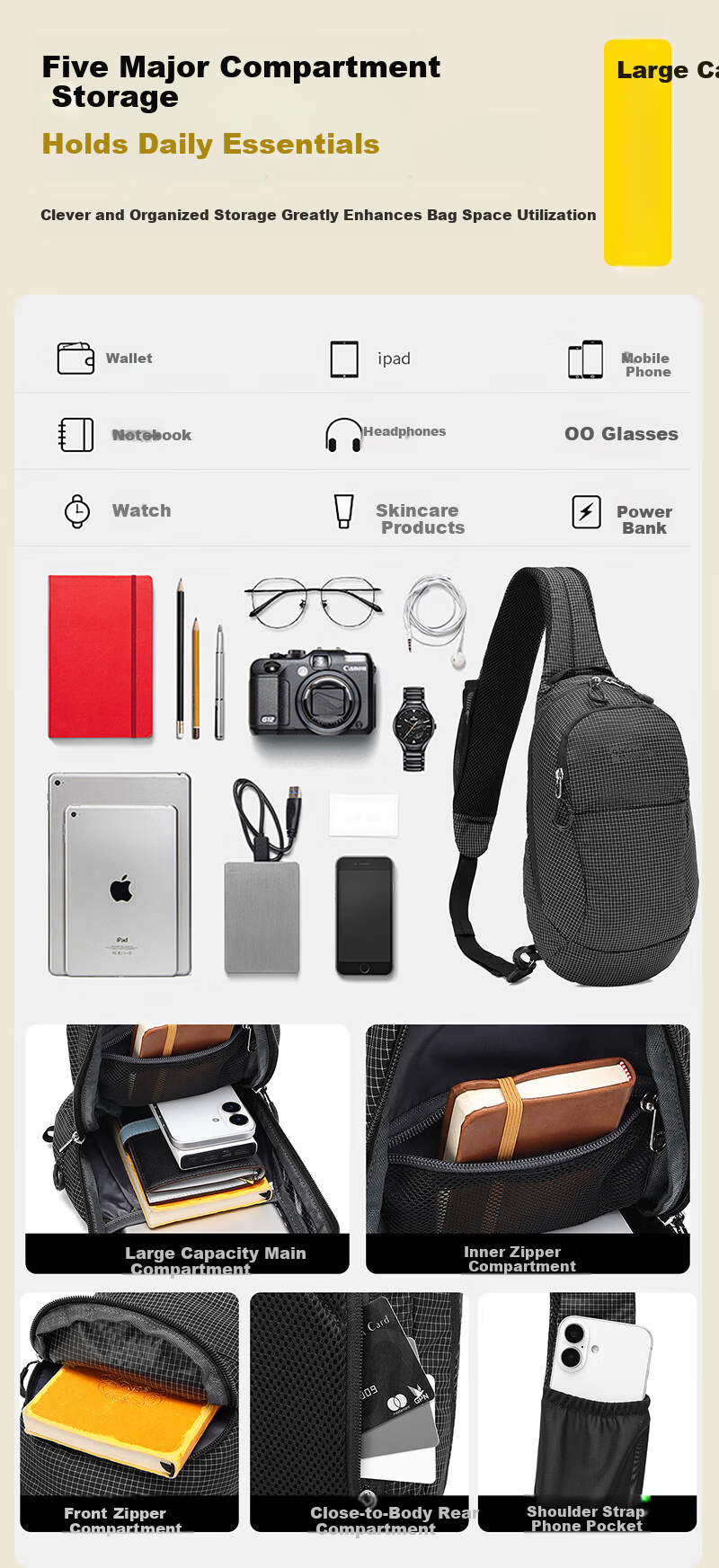 ALPINT MOUNTAIN Outdoor Trendy Crossbody Bag Chest Bag Shoulder Bag Small Backpack Large Capacity Casual Travel Cycling 5