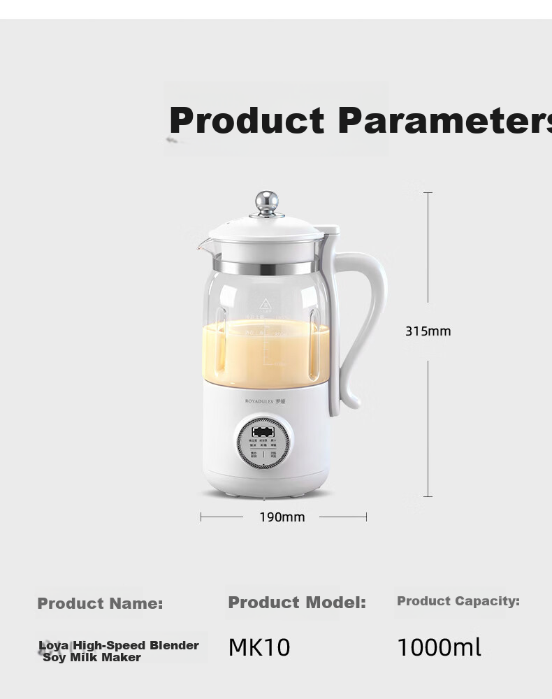 ROYALTY LINE 22-Blade Soy Milk Maker and Blender Titanium Coating 1L Fully Automatic Noise-Reducing Multifunctional Food Processor for 2-4 People White 26