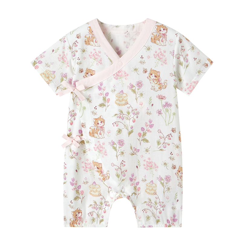 PurCotton Pure Cotton Newborn Baby Romper 7A Antibacterial Gauze Full Moon Baby Spring Summer Sweetheart Garden White Size 90
