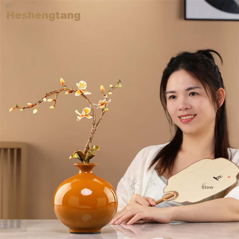 Heshengtang Ceramic Vase Enamel Craft New Chinese Style Living Room Entryway Dining Table Home Decoration 37cm High