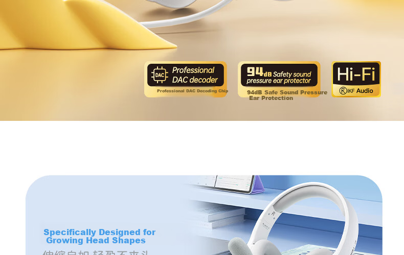 IKF Fkids Y01 Wired Over-Ear Headphones for Students, English Listening and Speaking Exam, Children's Online Learning Headset, 3.5mm Jack, Moonlight White 4