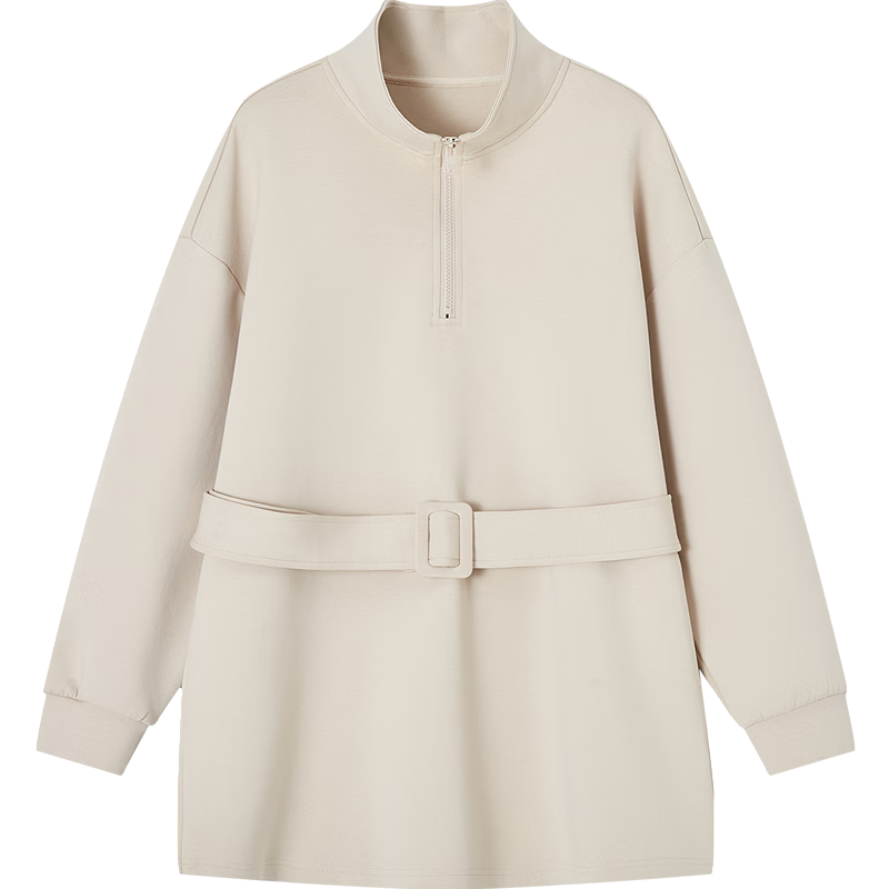 Demana [Comfort Elastic 280G Air Layer] Spring and Autumn Simple Stand Collar Loose Belted Petite Elegant Sweatshirt Top