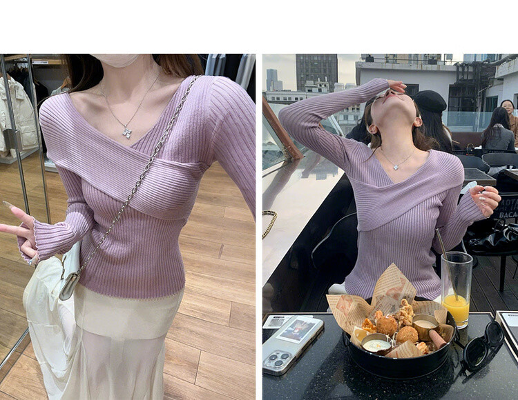 MT Elegant Spring Soft Cross V-Neck Slim Knit Sweater for Women 11