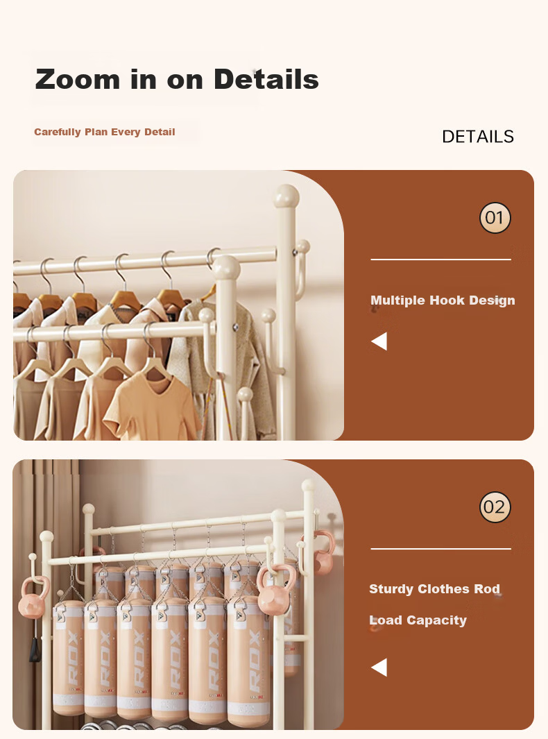 Yaoying YJ21 White Double-Layer 100cm Mobile Floor Standing Coat Rack Clothes Hanger 9