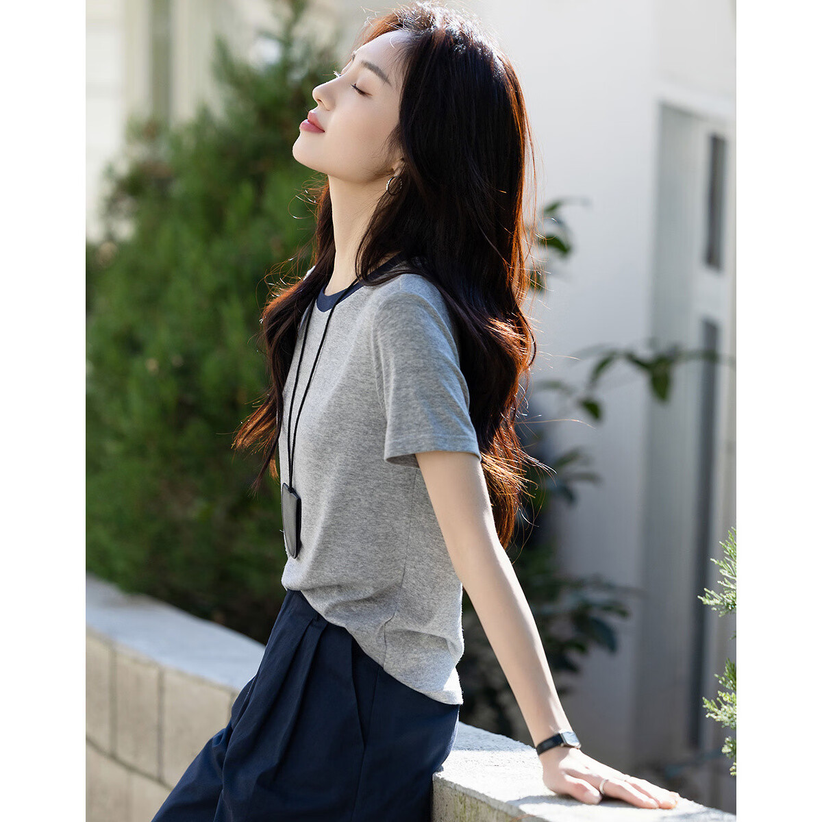 Demana [with Lyocell Wool] Spring Urban Simple Colorblock Crew Neck Short Sleeve Stretch Slim Fit Women's T-Shirt