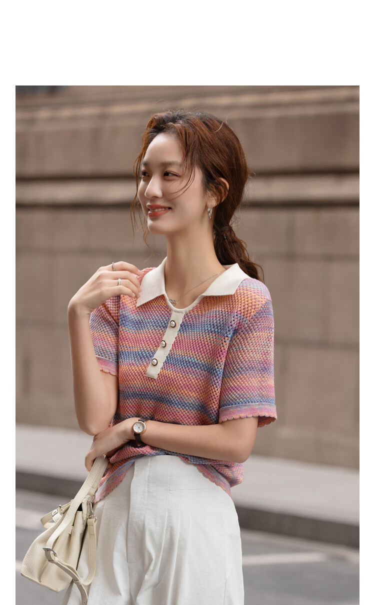 Demana [Dopamine Gradient] Spring Sweet Style Jacquard Colorblock Short Knit Sweater for Petite Women 11