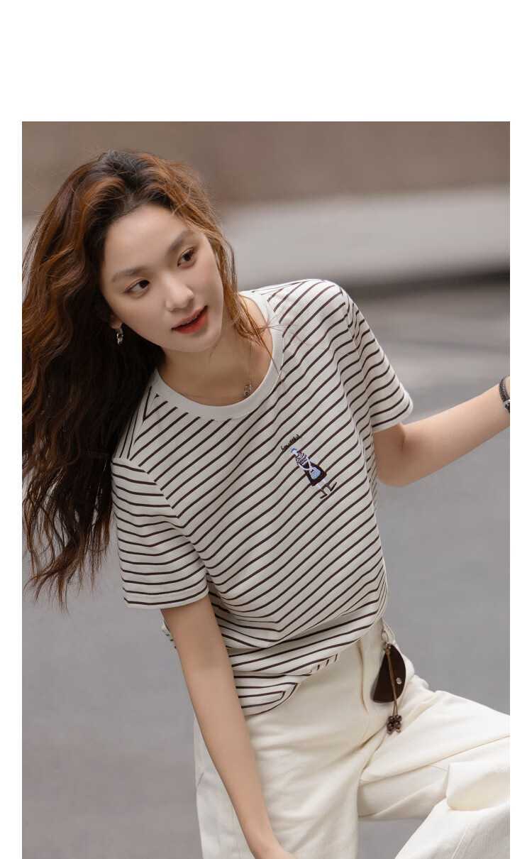 Demana [Cloud Soft Cotton Blend] Spring Retro Commuter Colorblock Crew Neck Striped Embroidered Short Sleeve Petite Women's T-Shirt 3