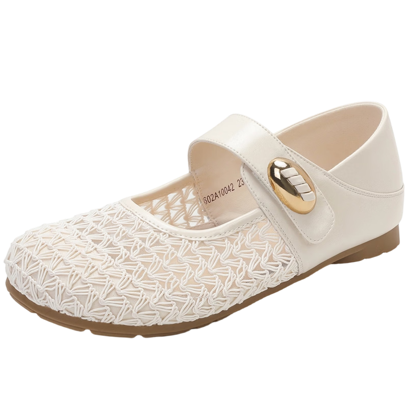 Josiny Mary Jane Shoes Women French Style Low Heel Chunky Heel Shallow Mouth Flats with Skirt Off-White Size 36