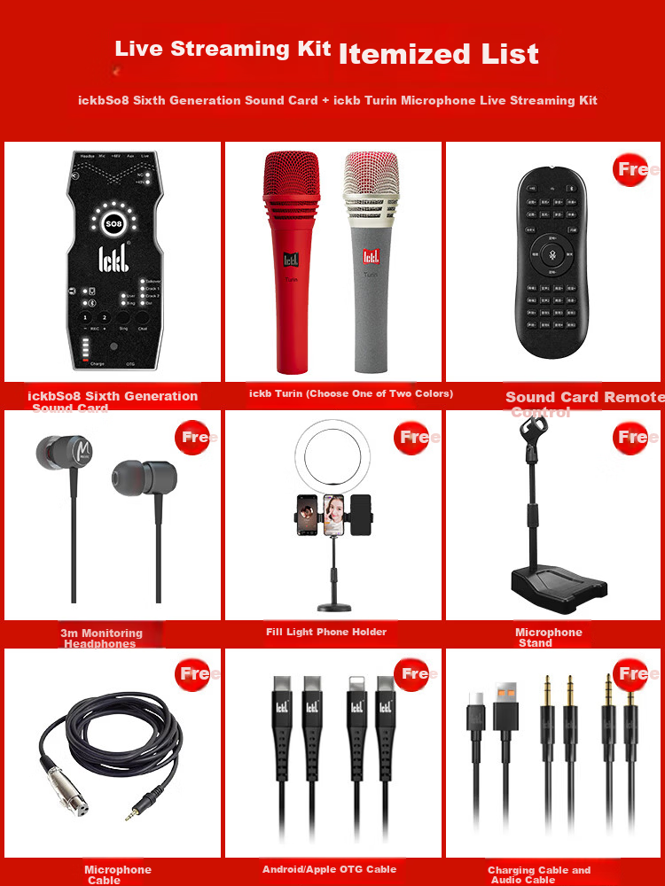 Ickb SO8 6th Generation Audio Interface Turin Condenser Microphone Kit for Mobile Live Streaming, PC, Douyin, Kuaishou, Universal Host Singing, KTV Recording, Live Streaming Equipment Full Set Microph 1
