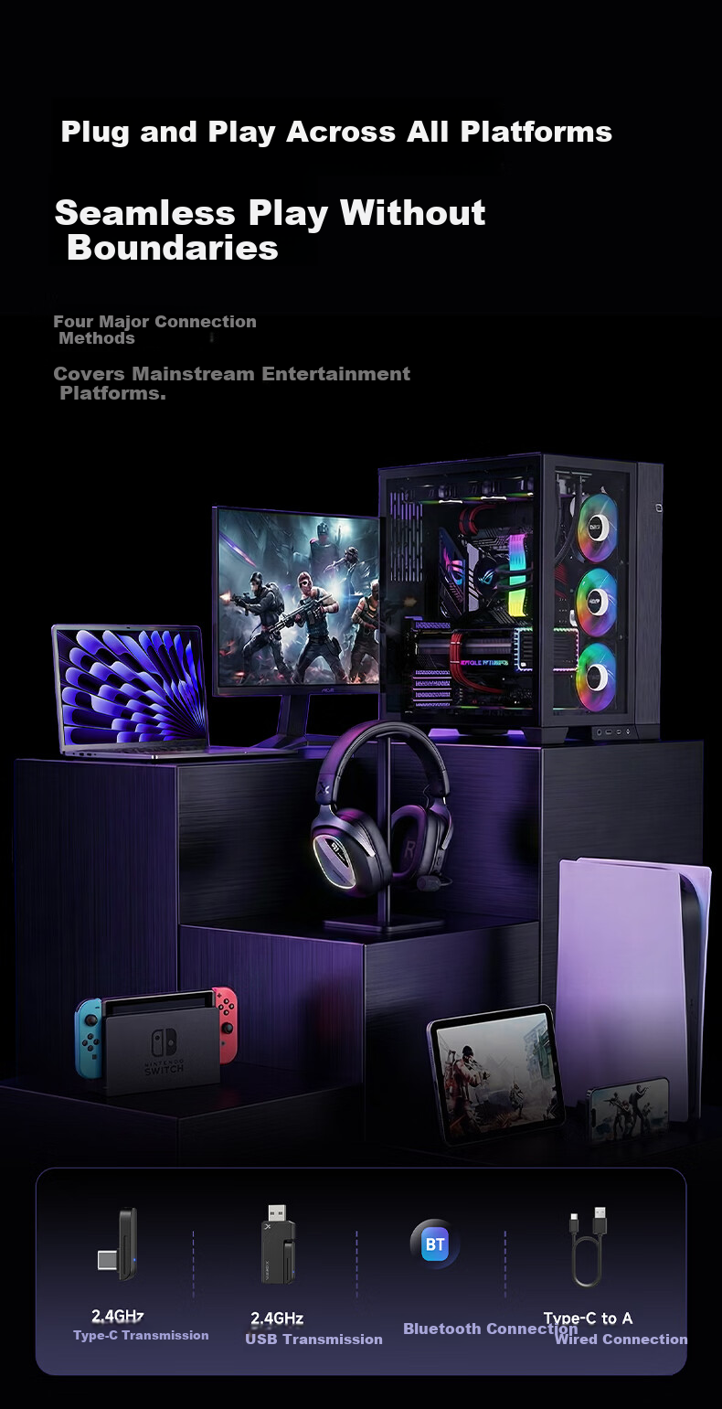 XIBERIA K06S Quad-Mode Smart Display Gaming Headset Bluetooth Wireless Over-Ear Dual-Mode Same-Frequency Mixing Support Play While Charging Esports Delta Black [Recommended by Xiaodingdang] 18