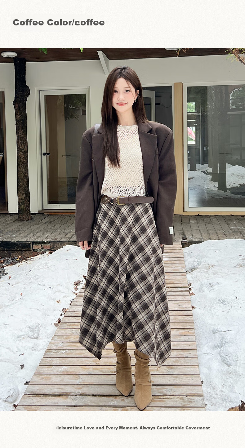 BOPRUIEY Vintage Plaid Irregular Women's Skirt 2025 New Autumn Winter A-Line Casual Mid-Length Skirt 19