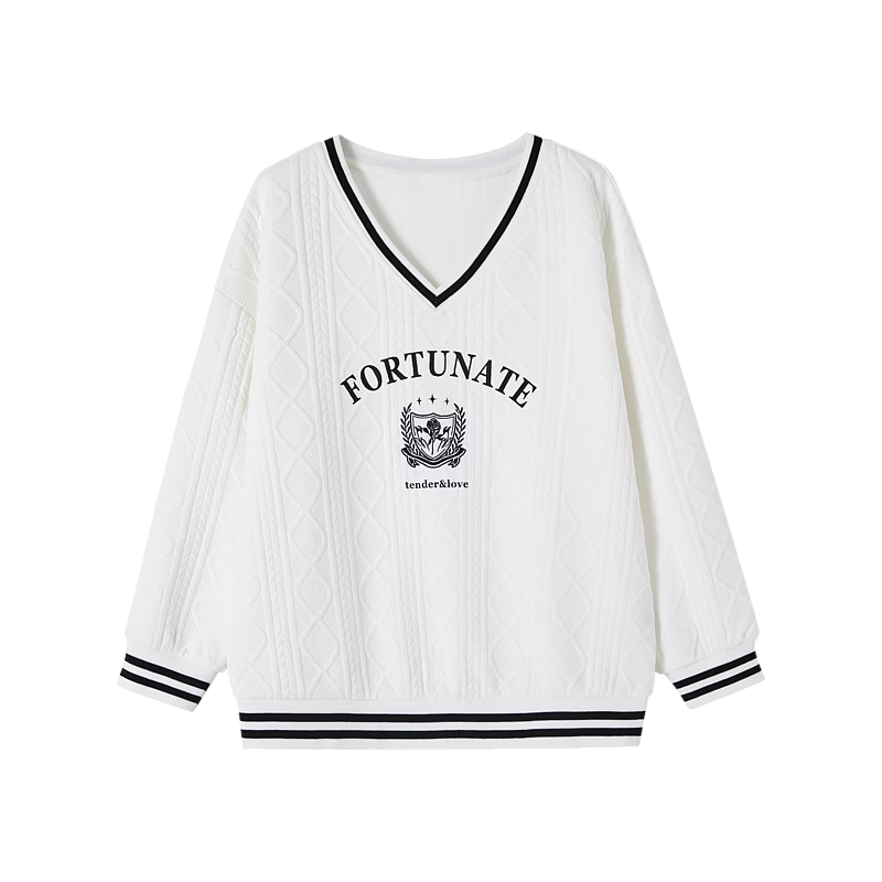 Demana British College Style Spring Autumn New V-Neck Drop Shoulder Long Sleeve Letter Color-Block Embroidered Striped Sweatshirt for Women