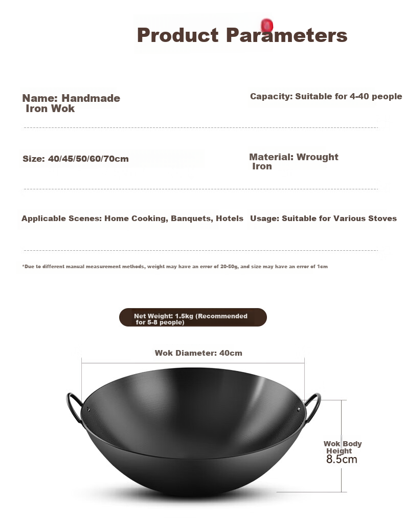 Sacon Commercial Double-Handle Iron Wok Hand-Forged Stir-Fry Pan No Coating Home Cooking Round Bottom Gas Stove 60cm with Lid 14