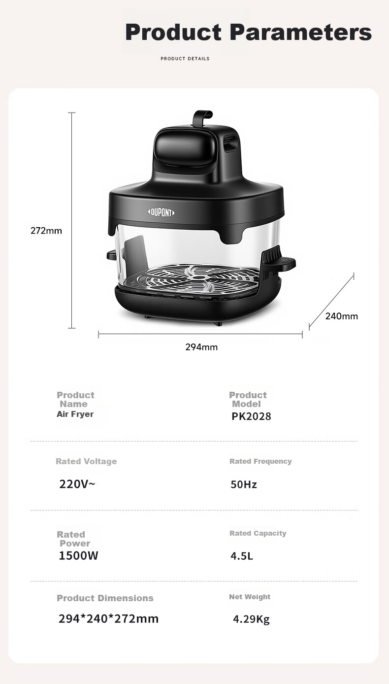 DU PONT Air Fryer 2026 New Model High Borosilicate Glass 0 Coating Visible Multifunctional Electric Fryer Non-stick Easy Clean Electric Oven Fryer and Roaster 4.5L No Flip 12