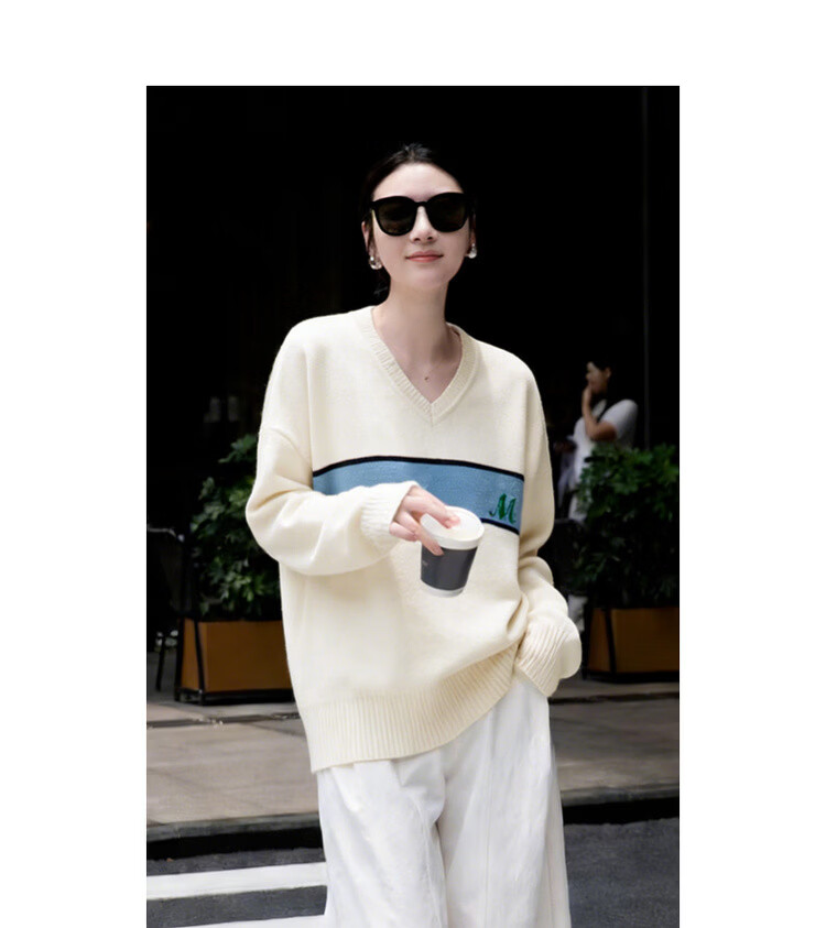 MT Warm Soft Yarn Spring Simple Colorblock Jacquard V-Neck Loose Knit Sweater for Women 10