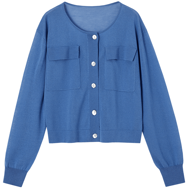 Demana Luxurious Tencel Cardigan Spring Lightweight Round Neck Patch Pocket Long Sleeve Loose Knit Sweater for Women