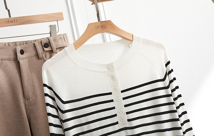 Demana Japanese Style Artistic Commuter Spring Autumn Colorblock Striped Round Neck Slimming Knit Sweater 27