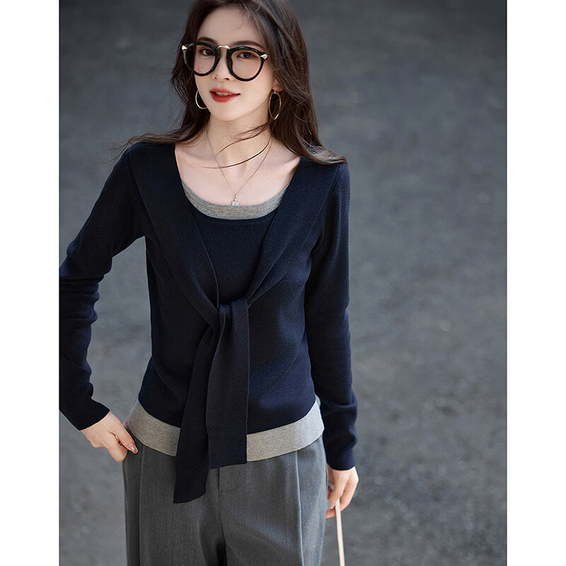 Demana [Lazy Friendly] Spring Sheep Wool and Mulberry Silk Blend Pullover Two-in-One Colorblock Shawl Women's Knit Sweater