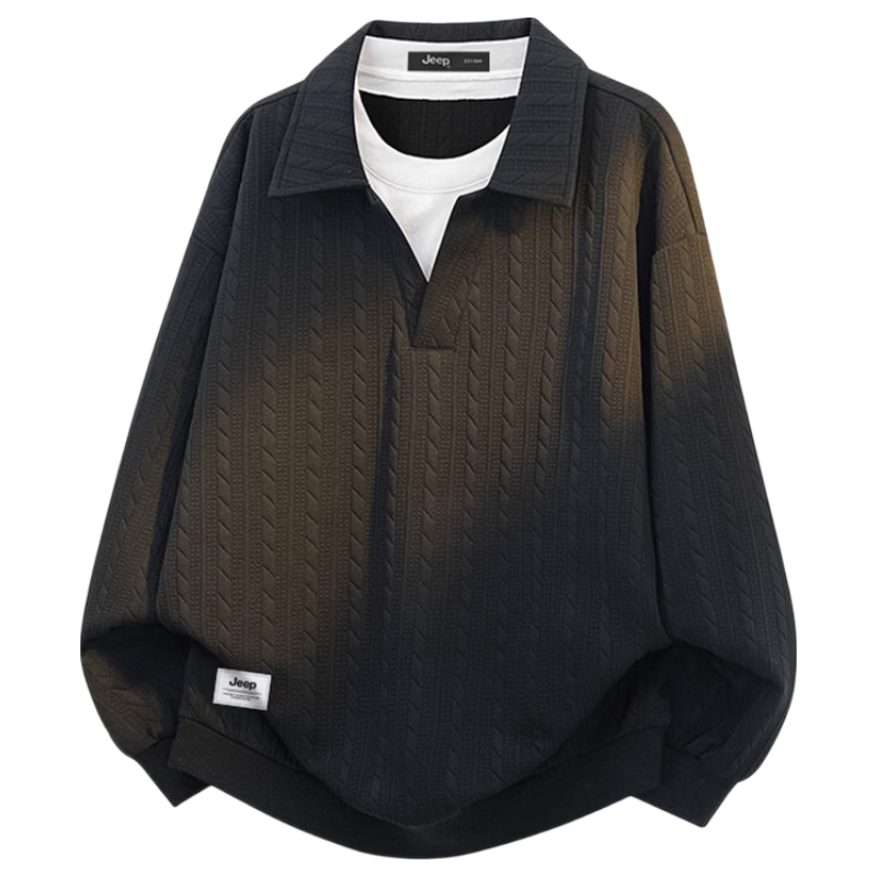 JEEP Men's Spring Autumn Polo Shirt Loose Jacquard Base Shirt Top Black 2XL