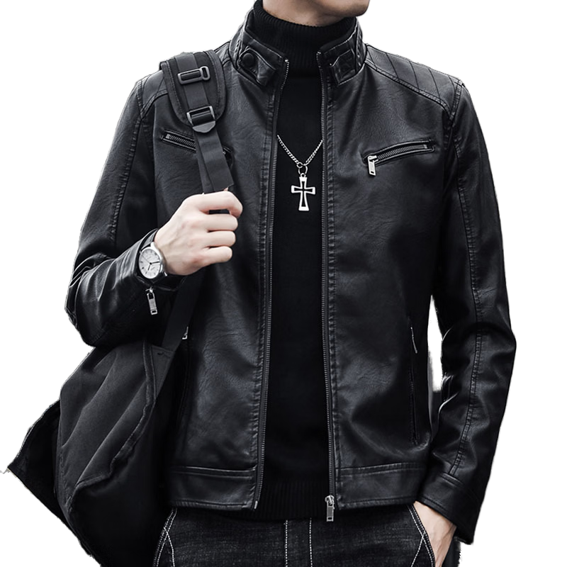 JEEP SPIRIT Men's Leather Jacket Autumn Winter Loose Fit Stand Collar Biker Leather Jacket Black L