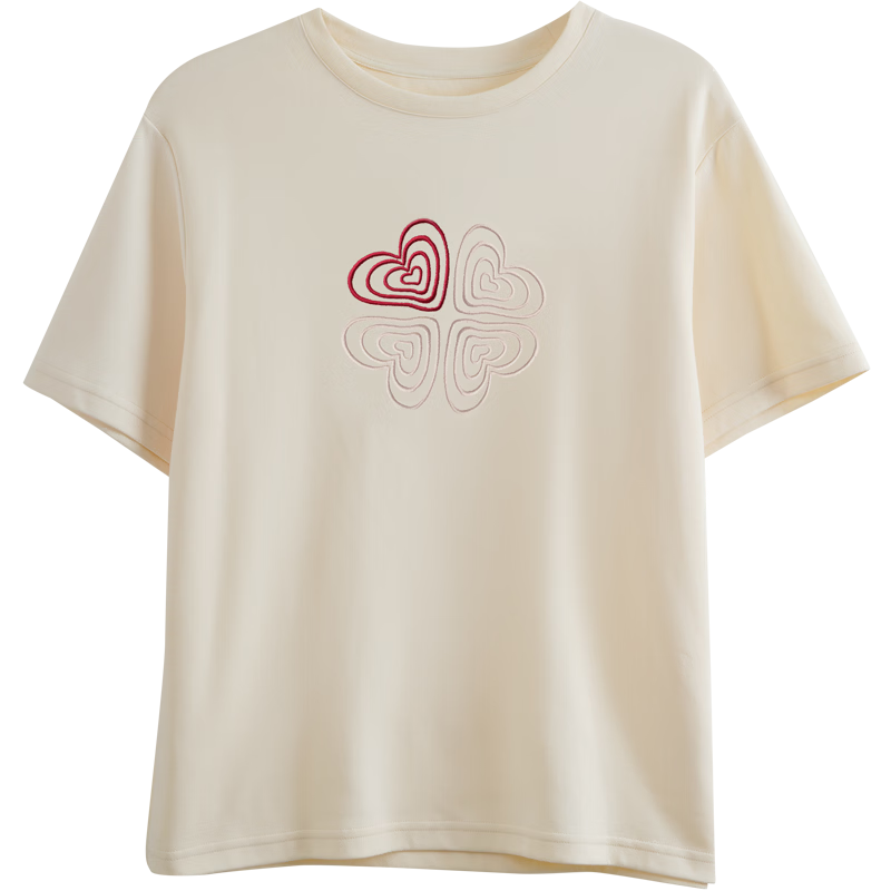 Olrain French Style Short Sleeve T-Shirt Women Summer Heart Embroidery Simple Round Neck Loose Top Apricot L