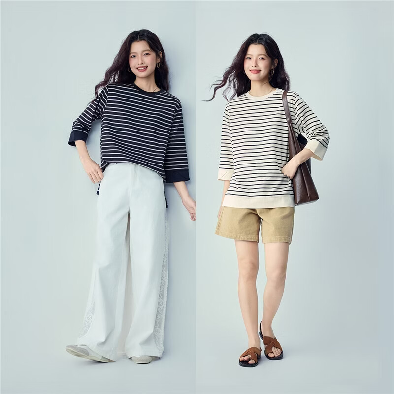 Giordano Women's T-Shirt 2026 Summer Cotton Striped Round Neck High-Low Hem 3/4 Sleeve Top 05326387